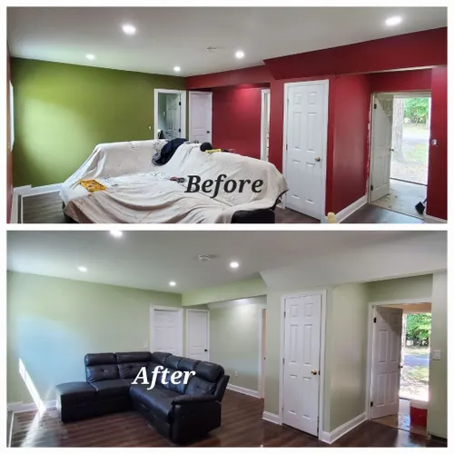 Sala antes y después de pintar, paredes rojas y verdes cambiadas a tonos claros