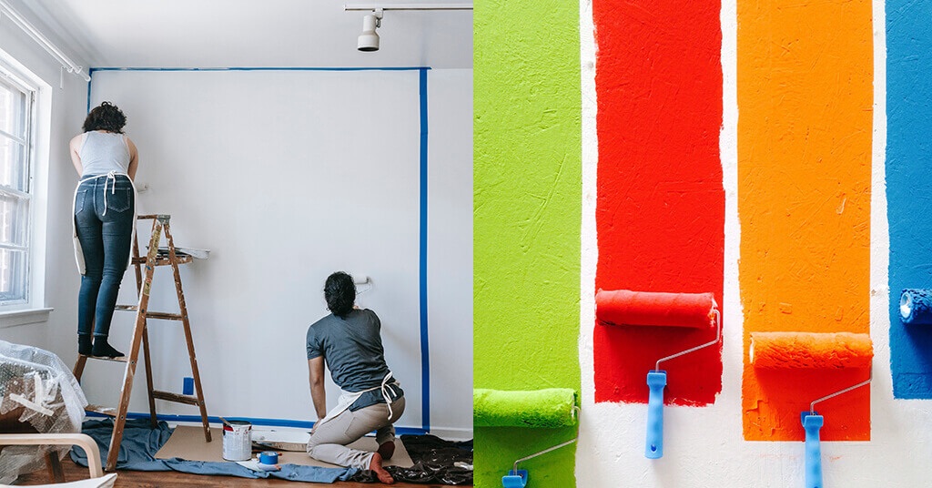 Pintores preparando y aplicando colores vibrantes en una pared