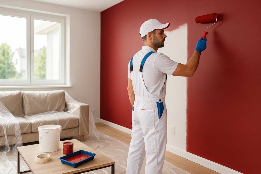 Pintor profesional protegiendo muebles con plástico antes de pintar una pared roja
