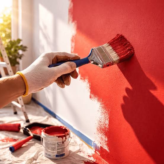 Detalle de brocha aplicando pintura roja en una pared