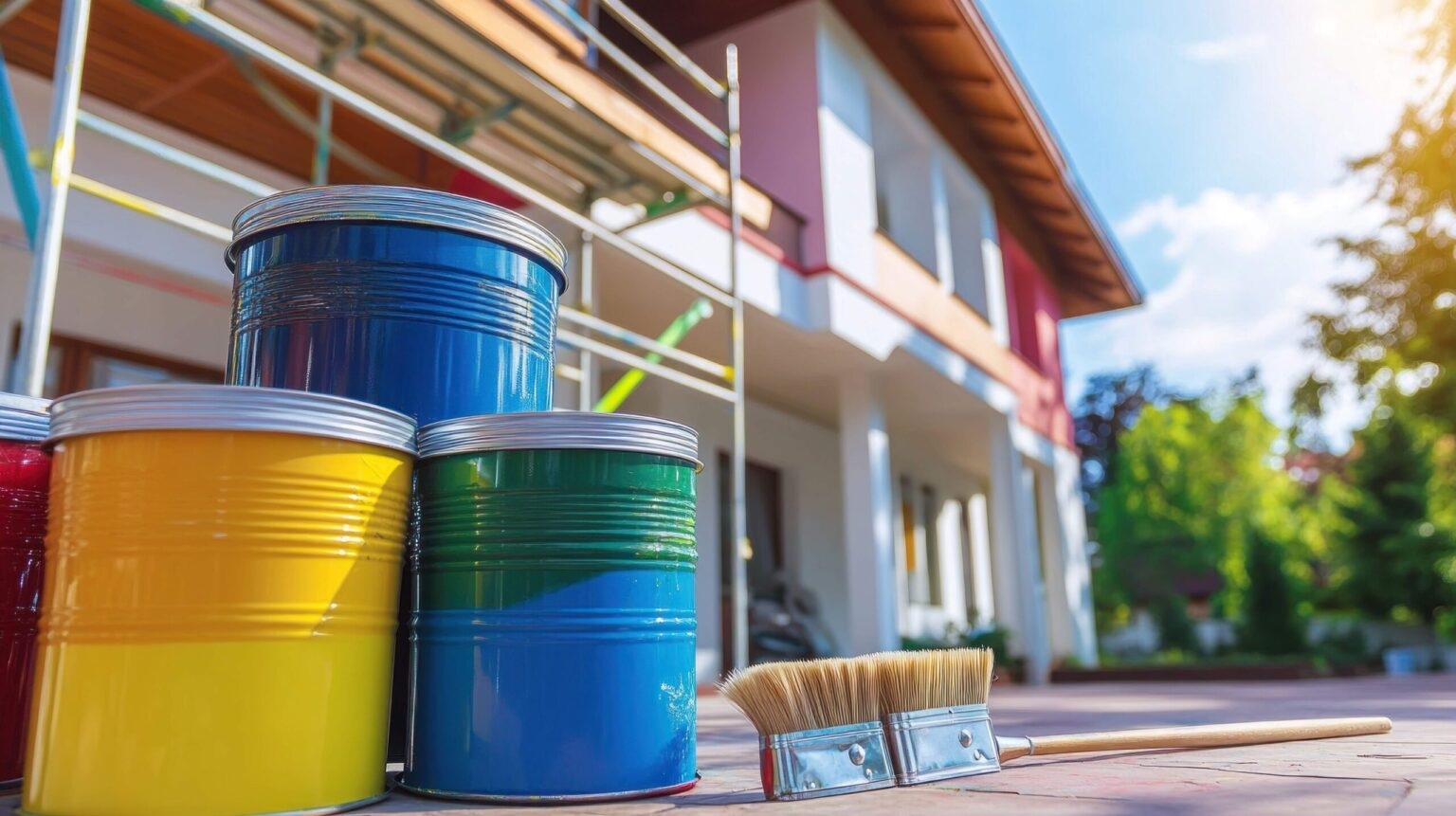 Latas de pintura de colores frente a una fachada en renovación con andamio
